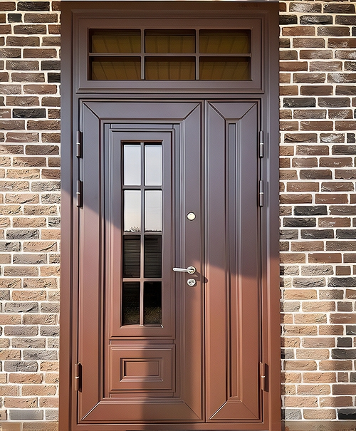 Коричневая уличная дверь с фрамугой